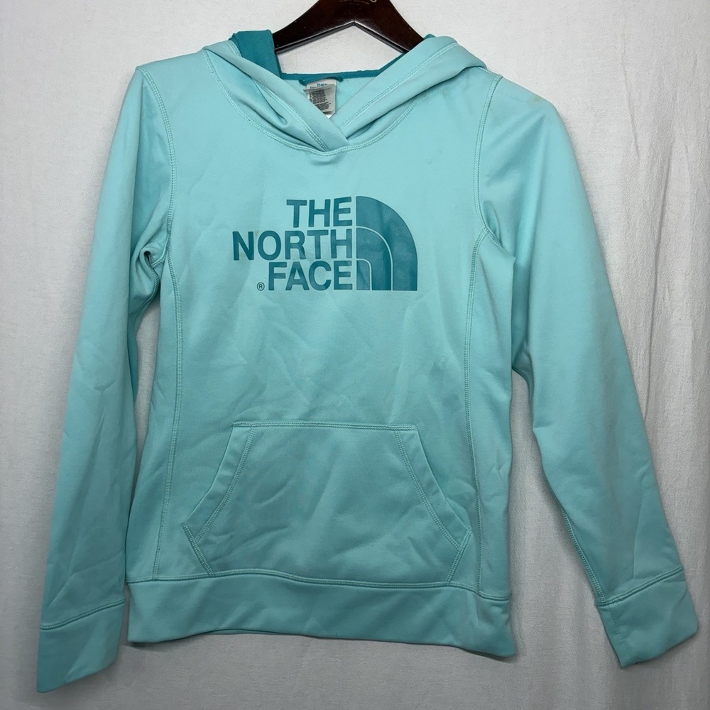 The North Face Hoodie Mint Green Sweatshirt Spellout Logo Womens Size S Pullover